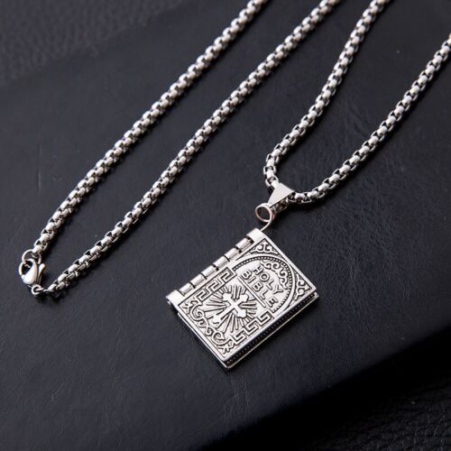 Vintage Silver Cross Bible Book Pendant Necklace Unique Jewelry For Men Women