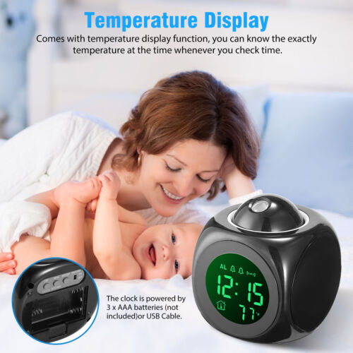 LED Projection Alarm Clock Weather Thermometer Digital Snooze Voice Temperature