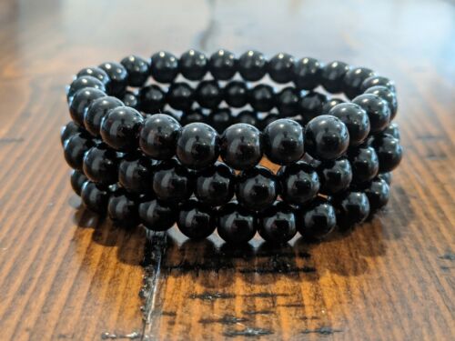 Beaded Bracelet 8mm Natural Stone Beads Men's Gorgeous Semi-Precious Black Onyx