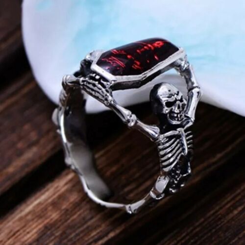 Vintage Punk Skull Ring Unisex Hip Hop Engagement Rings Fashion Red Zircon