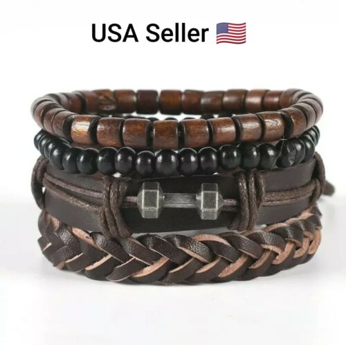 Men Leather Bracelet Cowhide Woven Alloy Dumbbell Accessories