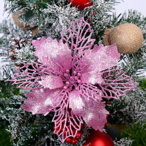 10Pcs Glitter Christmas Poinsettia Hanging Flowers Xmas Party Tree Decoration