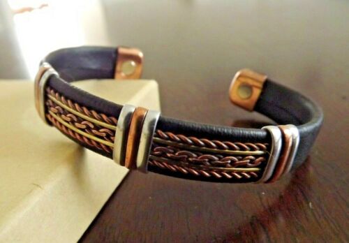 Solid Copper Leather Wrapped Magnetic Bracelet Men Women Energy Jewelry