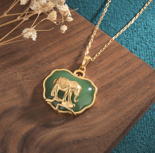 Jade Jewelry Elephant Shape Charm Pendant with Chain Necklace 18K Gold Plated