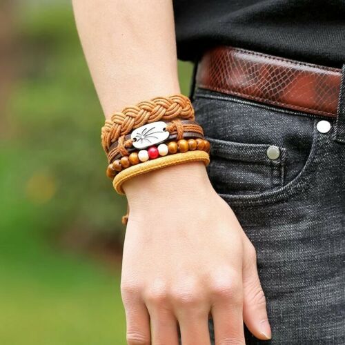 Multi Piece Leather Jewelry Cowhide Beaded Bracelet Retro Woven Fashion