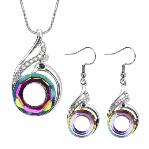 Magic Purple Glass Peacock Earrings for Women Pendant Necklace Jewelry Set