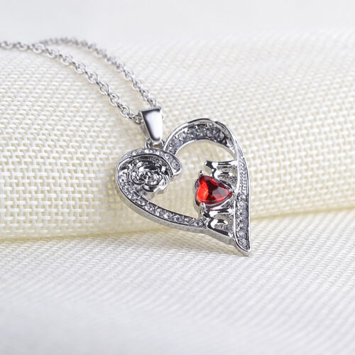 Valentine's Day Gift For Mom Women Red Rose Crystal Heart Necklace Pendant