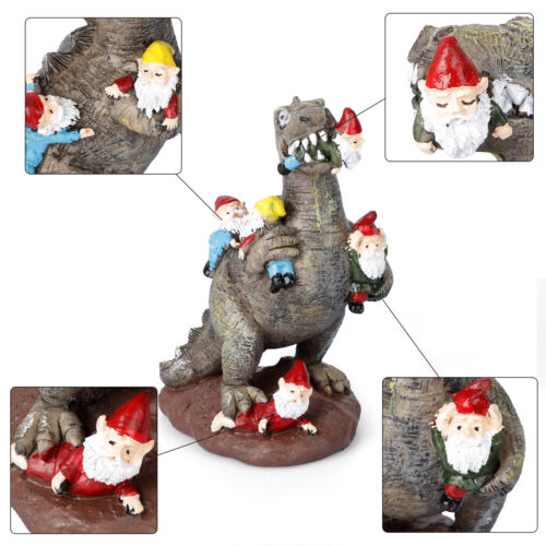 Dinosaur Eating Gnomes Statue Yard Art Resin Outdoor Garden Patio Decor Ornament