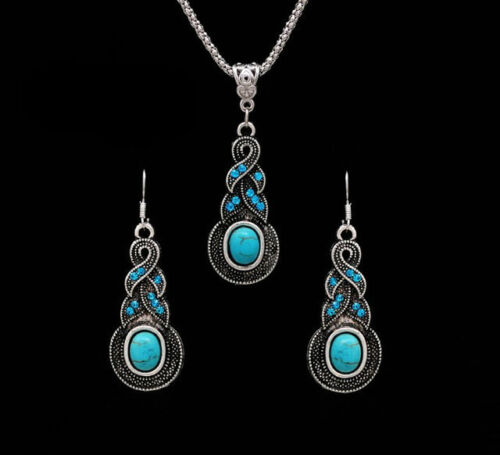Necklace Pendant Chain Women Jewelry Fashion Crystal Turquoise Silver Vintage