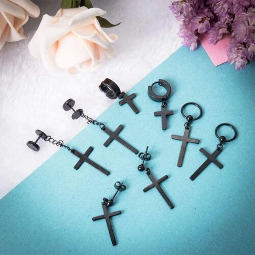 15 Pairs Earrings Men Women Stainless Steel Cross Stud Hoop Set