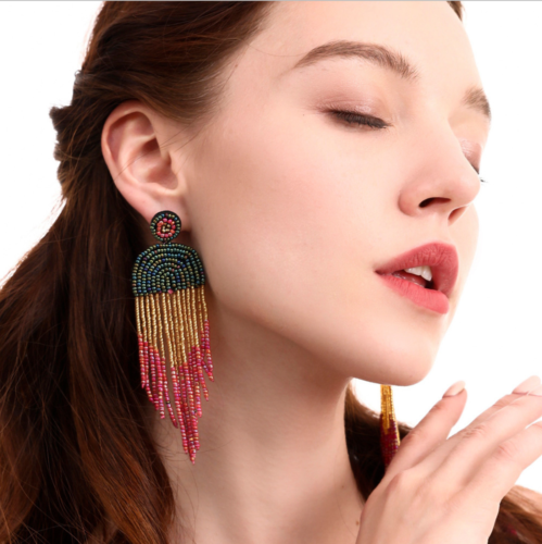 Bohemian Seed Beads Tassel Fringe Drop Earrings Handmade Ethnic Jewelry