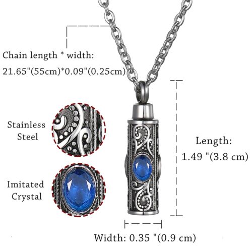 Embossed Cylinder Crystal Urn Necklace Ashes Keepsake Memorial Cremation Jewelry