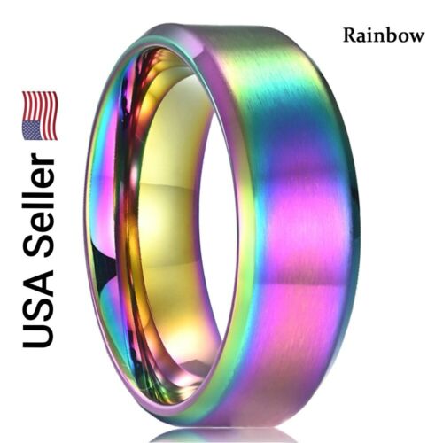 Unisex Stainless Steel Ring Rainbow Matte Finish Beveled Edge