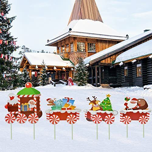 4 Pack Christmas Train Outdoor Lawn Yard Signs Stakes Xmas Outdoor Decorations