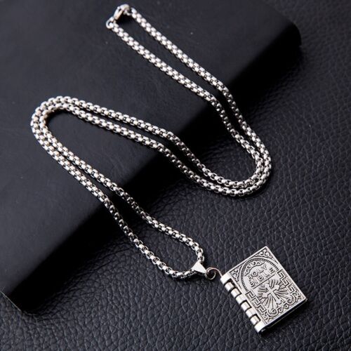 Vintage Silver Cross Bible Book Pendant Necklace Unique Jewelry For Men Women