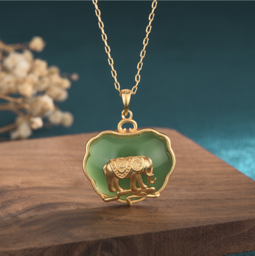 Jade Jewelry Elephant Shape Charm Pendant with Chain Necklace 18K Gold Plated