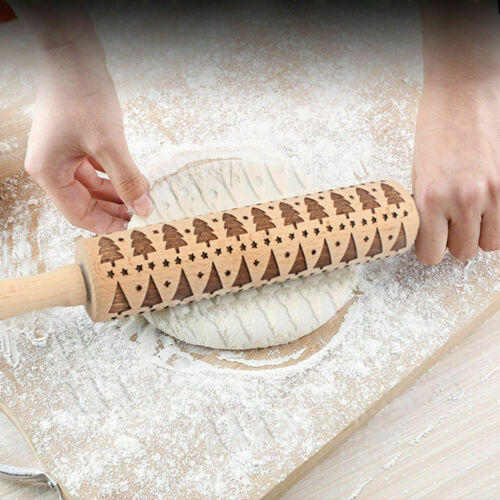 Christmas Wooden Rolling Pin DIY 3D Carved Embossing Roller Cookies Making USA