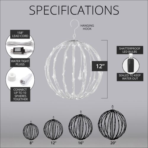 Hanging LED Light Balls Christmas Patio Garden Decoration White Frame, 6 Colors