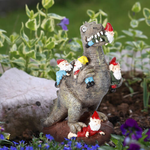 Dinosaur Eating Gnomes Statue Yard Art Resin Outdoor Garden Patio Decor Ornament