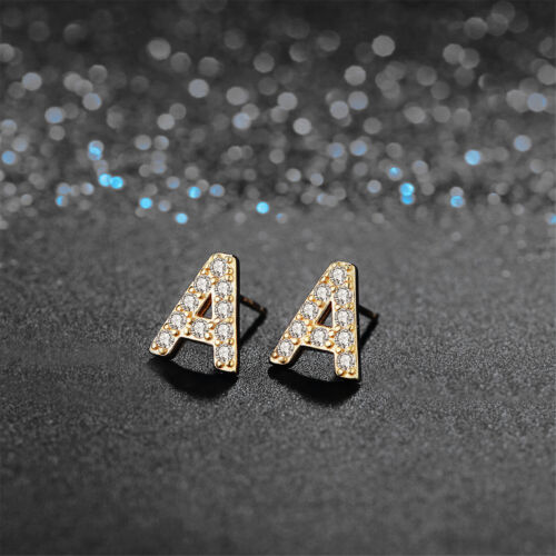 925 Sterling Silver CZ A-Z Alphabet 26 Initial Letter Stud Earrings Jewelry