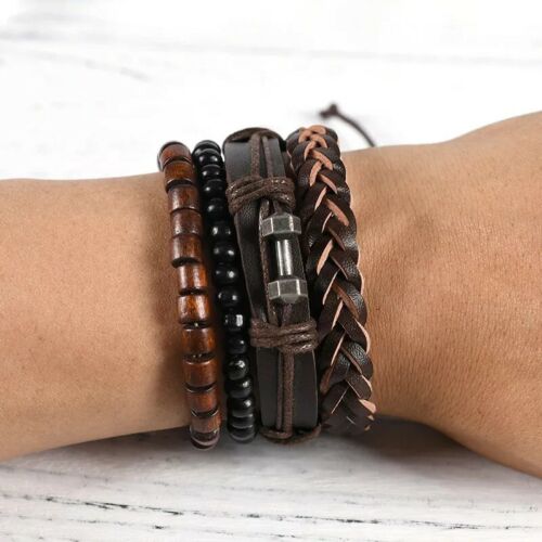 Men Leather Bracelet Cowhide Woven Alloy Dumbbell Accessories