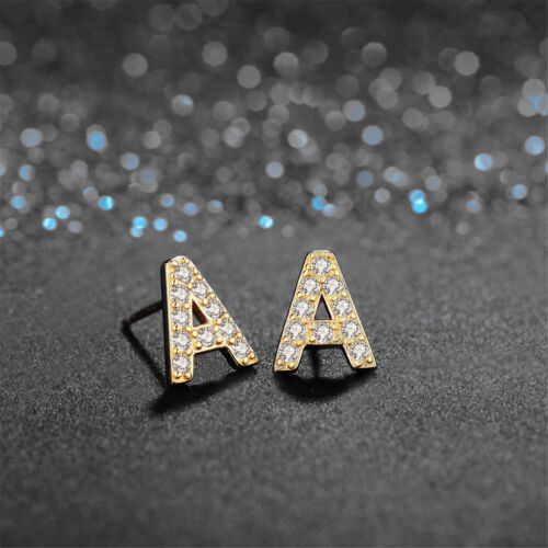 925 Sterling Silver CZ A-Z Alphabet 26 Initial Letter Stud Earrings Jewelry