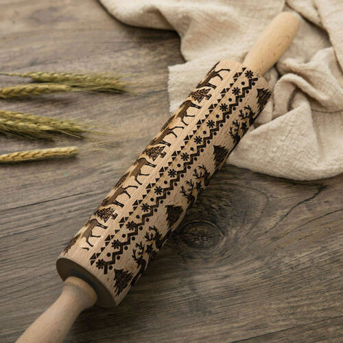 Christmas Wooden Rolling Pin DIY 3D Carved Embossing Roller Cookies Making USA