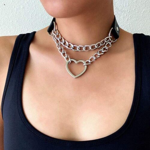 Leather Choker Necklace Adjustable Heart Chain Neck Collar Goth Punk Jewelry