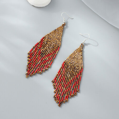 Bohemian Seed Beads Fringe Tassel Woven Drop Earrings Handmade Jewelry