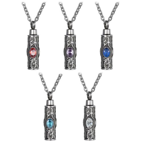 Embossed Cylinder Crystal Urn Necklace Ashes Keepsake Memorial Cremation Jewelry