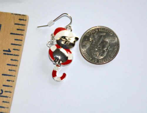 Santa Cat / Candy Cane Christmas Fish Hook Earrings / Silver-tone