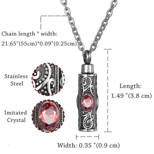 Embossed Cylinder Crystal Urn Necklace Ashes Keepsake Memorial Cremation Jewelry