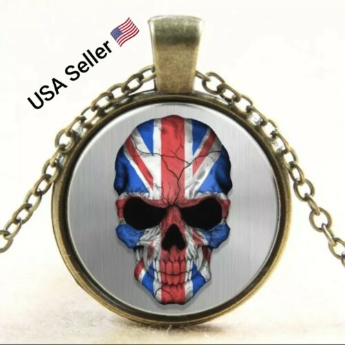 Punk Skull Pendant Necklace Glass Cabochon Vintage Jewelry